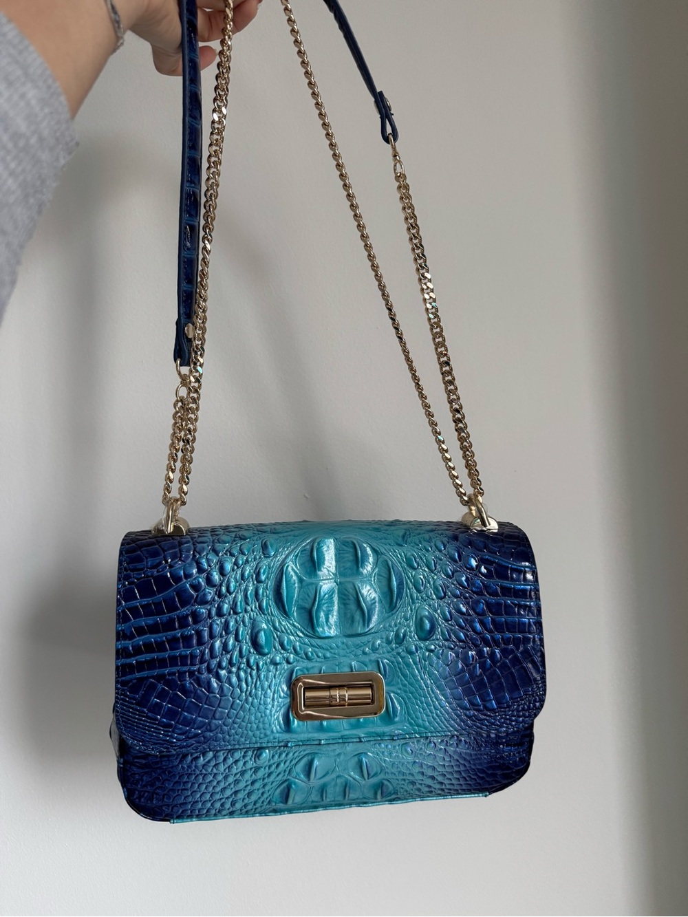 Brahmin Teal to Navy Ombre Croc-Embossed Chain Crossbody